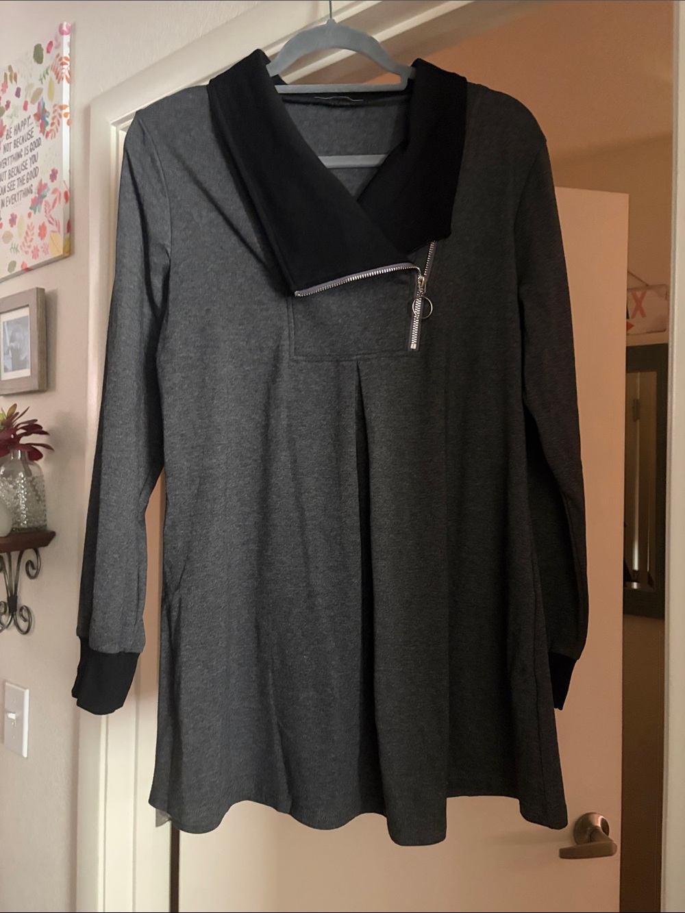 Dark Gray Knit Tunic with Zip Collar